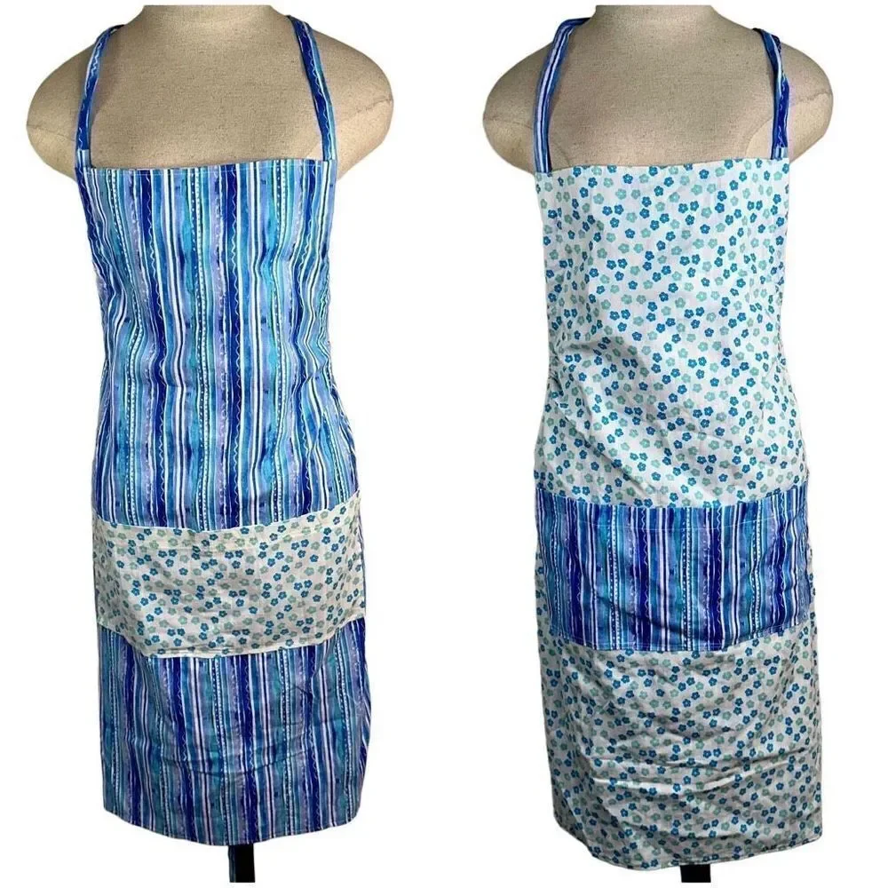 Handmade Women's Reversible Kitchen Apron Boho Floral Striped‎ One Size Pockets